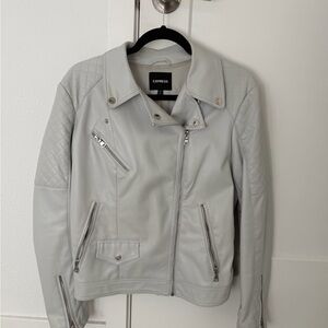 Express Women's Light Gray Quilted Sleeve Faux Leather Moto Jacket